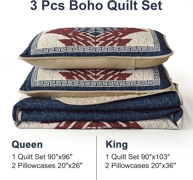 Dintszyayue Blue and Red Quilt Set King Size Boho, 3 Piece Aztec Texture - Image 8
