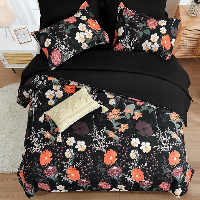 Yiran Black Red Floral Comforter Set Queen Size, 7 Piece Winter Comforter - Image 3