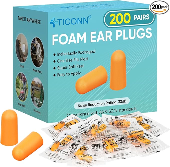 TICONN 200 Pairs Foam Ear Plugs, Individually Wrapped 32dB NRR Noise Reduction by TICONN