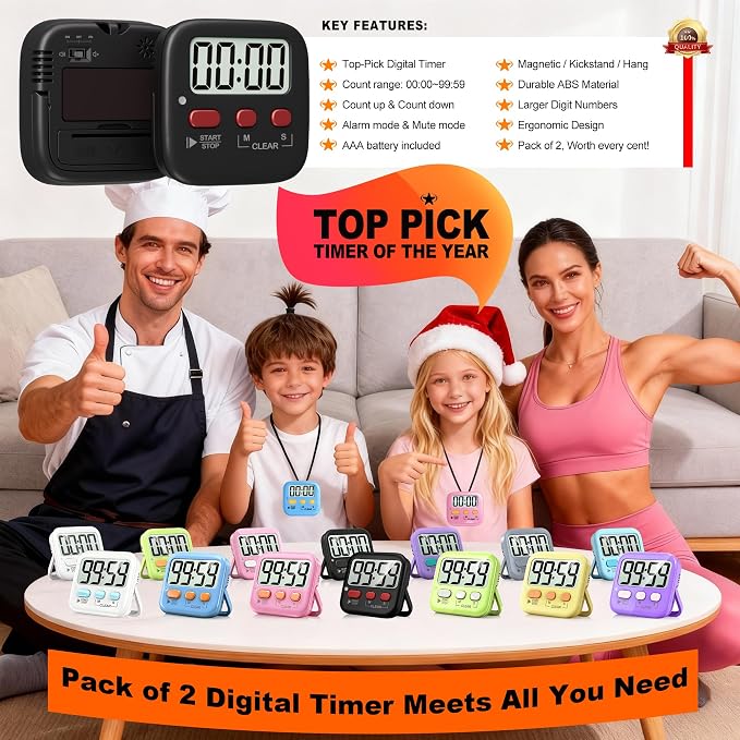 Antonki 2 Pack Digital Timer for Kids, Magnetic Countdown Kitchen Timers for - Image 8
