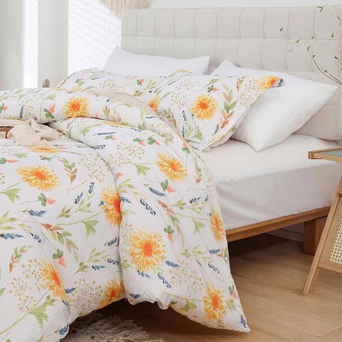 JSD Yellow Floral Duvet Cover Set King Size, 3 Piece Spring Printed Microfiber - Image 7