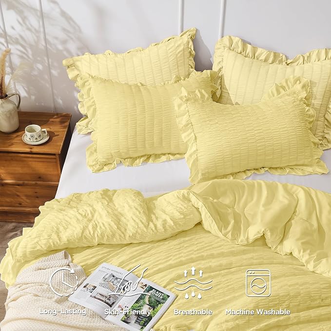 JOLLYVOGUE Twin Size Comforter Set, 2 Pieces Light Yellow Seersucker - Image 2