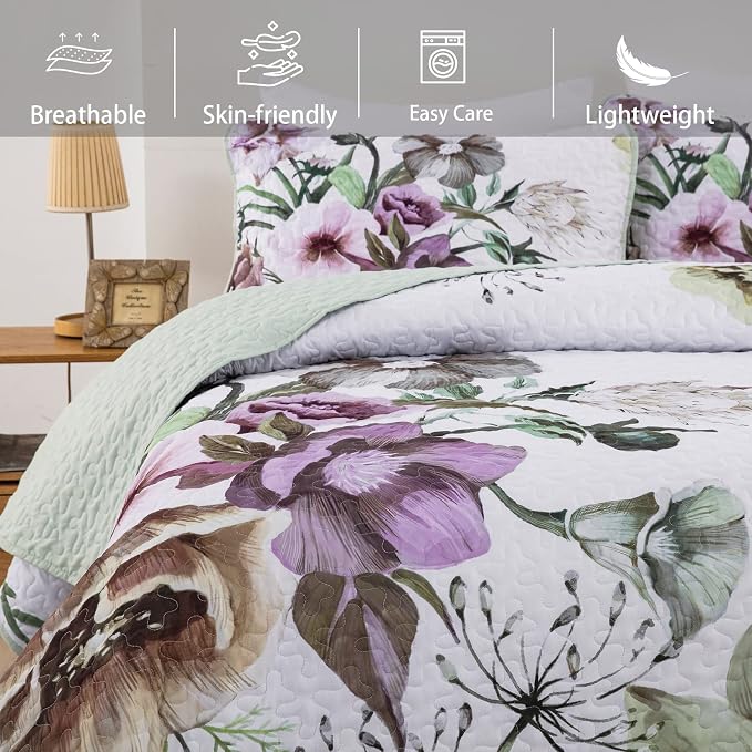 Floral Quilt Set King 3 Pieces Boho Green Quilt Coverlet Set Soft Microfiber - Image 3