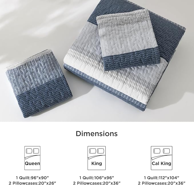Litanika King Size Quilt Set Navy Blue, Stripe Patchwork Summer Bedspread - Image 6