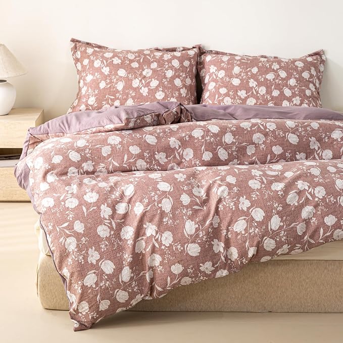 OAITE Purple Flower King Size Duvet Cover-3 Pieces Prewashed Cotton-Like - Image 3