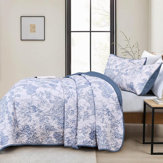 WONGS BEDDING Blue Quilt Set Full Size, 3 Pieces Botanical Bedspreads Set - Image 3