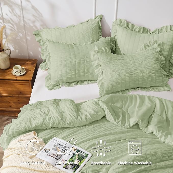 JOLLYVOGUE Sage Green King Comforter Set, 3 Pieces Seersucker Comforters King - Image 2