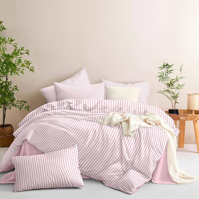 Nayoroom Pink Striped Duvet Cover Twin Size White Stripe Duvet Cover Dorm - Image 4