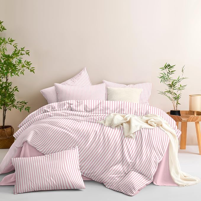 Nayoroom Pink Striped Duvet Cover King Size White Stripe Duvet Cover Dorm - Image 4