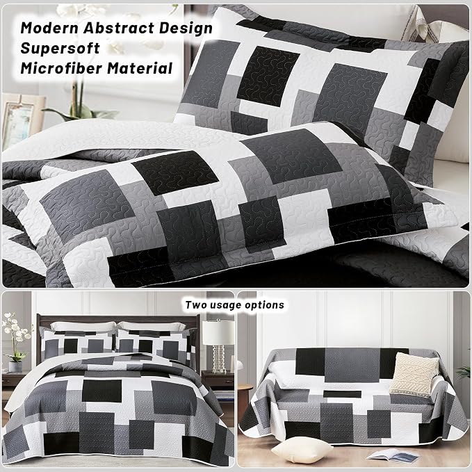 Tyrot 2 Piece Black Grey Quilt Set Twin Size Black White Gray Geometric - Image 3