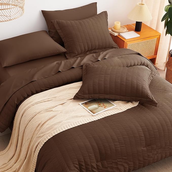 CozyLux Oversized Queen Comforter Set Brown Seersucker 7 Pieces 98x98 Bed in a - Image 6