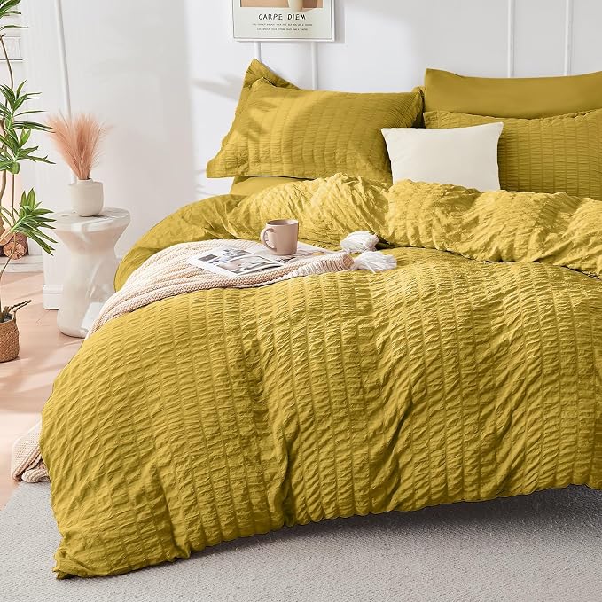 HYMOKEGE Mustard Yellow California King Comforter Set Seersucker 7 Pieces - Image 2