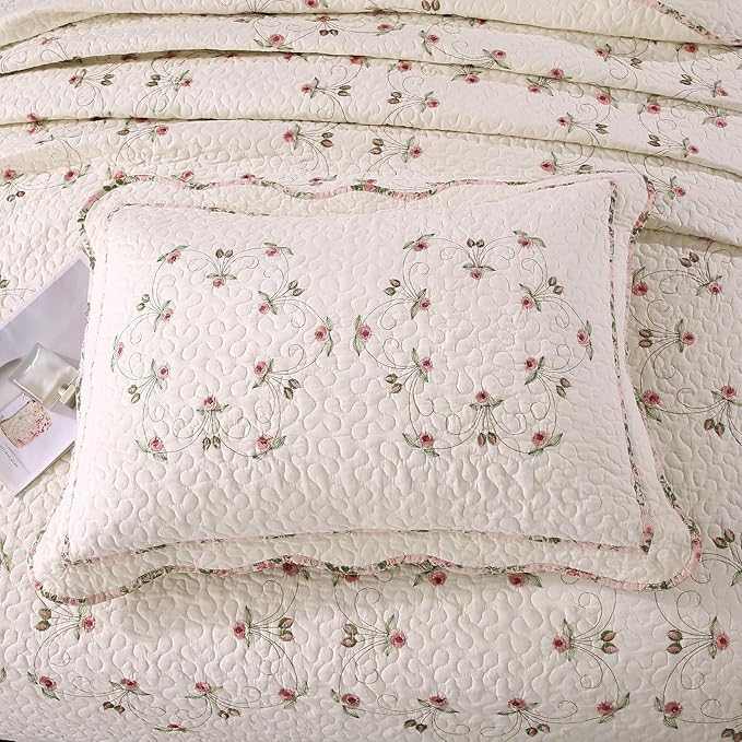 Quilt Set Floral Leaves 3D Embroidery Pattern 3 PCS Cotton Reversible Quilted - Image 3