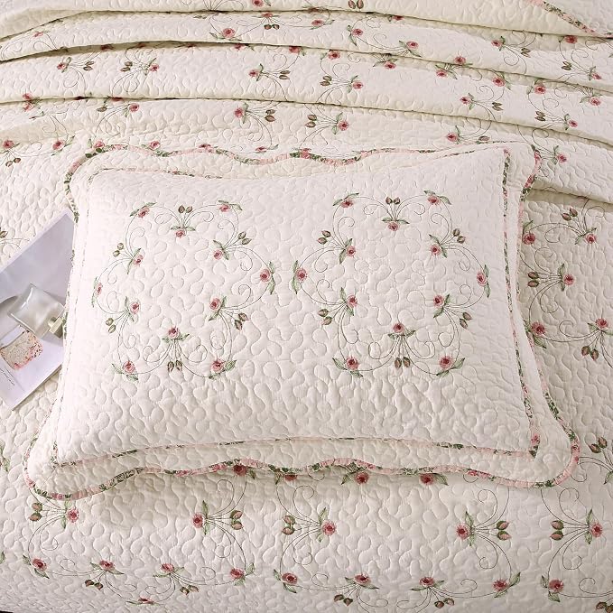 Quilt Set Floral Leaves 3D Embroidery Pattern 3 PCS Cotton Reversible Quilted - Image 3