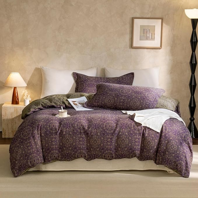mixinni Purple Green Floral Duvet Cover King Size, Elegant Double-Layer Yarn by mixinni