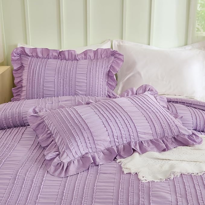 WONGS BEDDING Purple Comforter Set King, 3 Pieces Ruffle Farmhouse Shabby Chic - Image 5