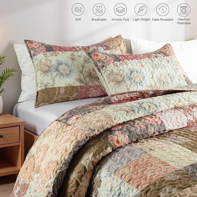 Whale Flotilla Patchwork Quilt King Size, Soft Boho Floral Bedspreads - Image 3