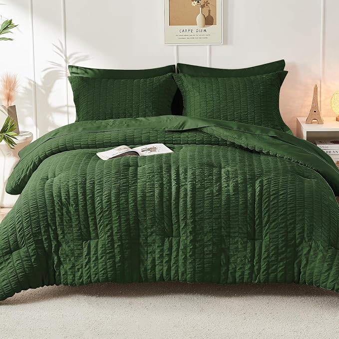 HYMOKEGE Dark Green Queen Comforter Set Seersucker 7 Pieces, All Season Luxury - Image 8