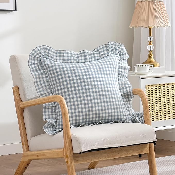 2 Pack Blue White Plaid Ruffle Throw Pillow Covers Farmhouse Checkered Chic - Image 2