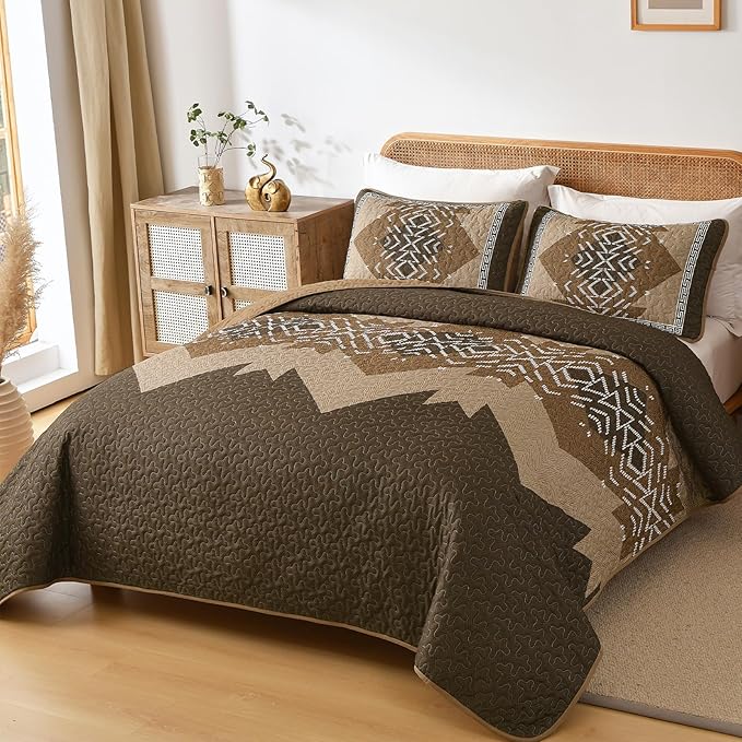 Dintszyayue Brown Quilt Set King Size Boho Aztec Texture Bedspread Coverlet Set - Image 6