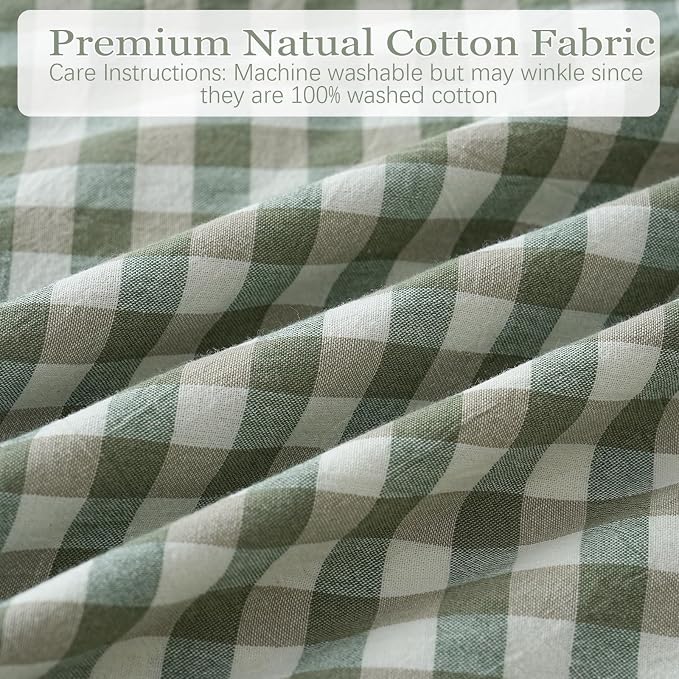 Green/White Plaid Ruffled Body Pillow Sham Washed Cotton Shabby Checkered - Image 5