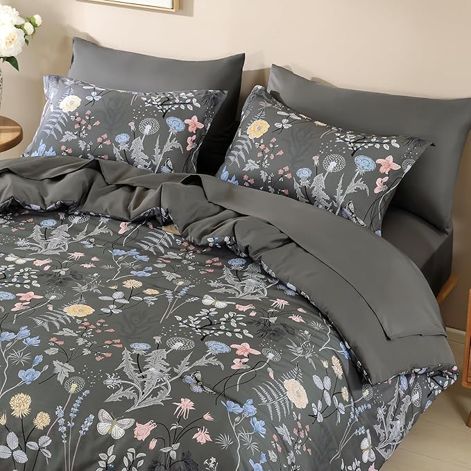 Yiran 7 Piece Grey Floral Comforter Set Queen Size, Botanical Flowers Bed in a - Image 5