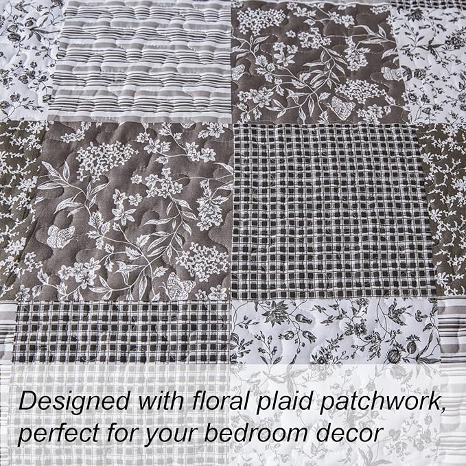 Mybedsoul Grey Boho Quilt Set Queen Size, 3 Pieces Plaid Floral Bedspread - Image 4