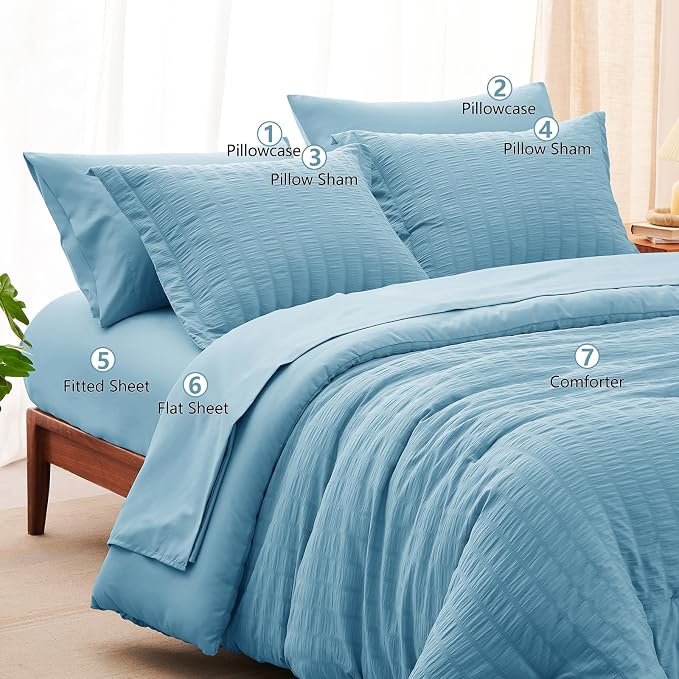CozyLux Queen Comforter Set Sky Blue Seersucker 7 Pieces Bed in a Bag Queen - Image 8