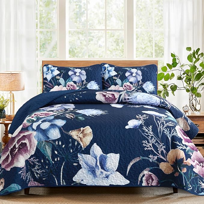Drucon Blue Floral Quilt Set King Size 3 Pieces Blue Botanical Flower Quilt by DRUCON