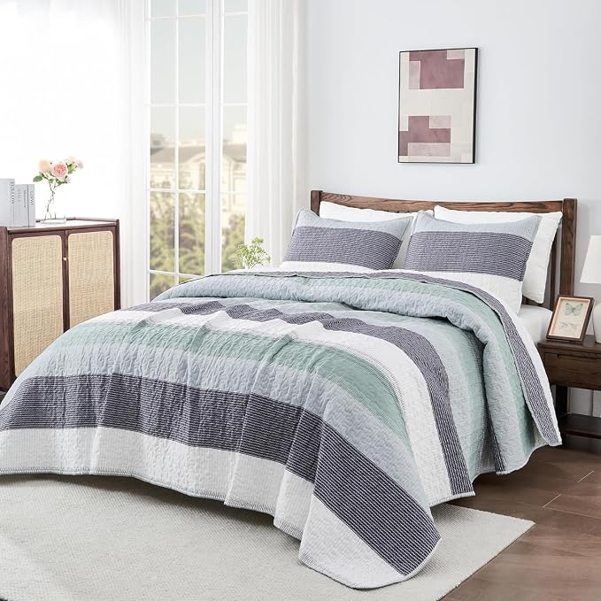 Andency Oversized Queen Quilt Bedding Set, 98x98Inch Sage Green Stripe - Image 6