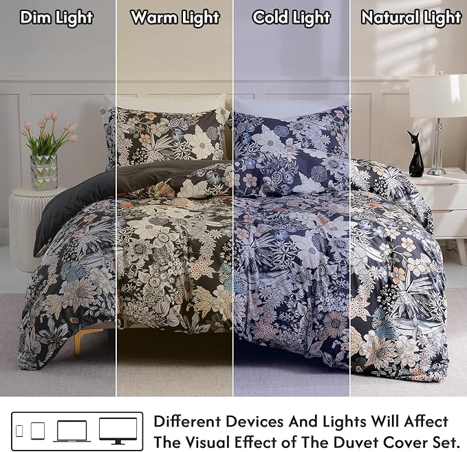 LONAVA Queen Flower 3 Pcs Duvet Cover Set, Breathable Soft Microfiber Black - Image 5