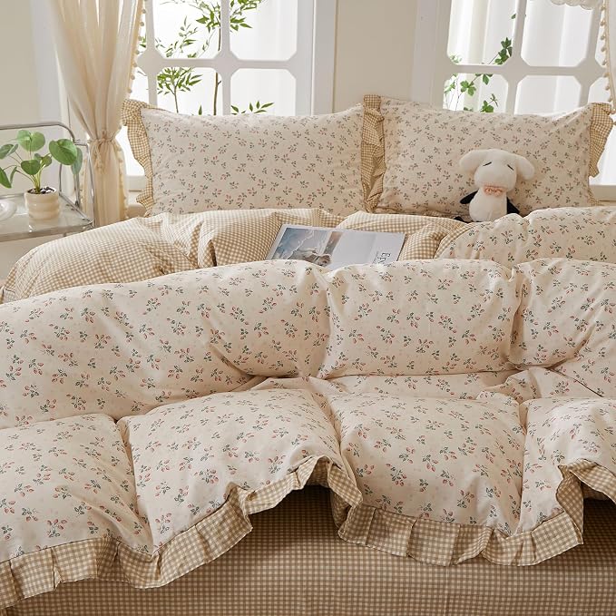 mixinni Beige Floral Duvet Cover Full Size, 100% Cotton Cute Strawberry Floral - Image 3