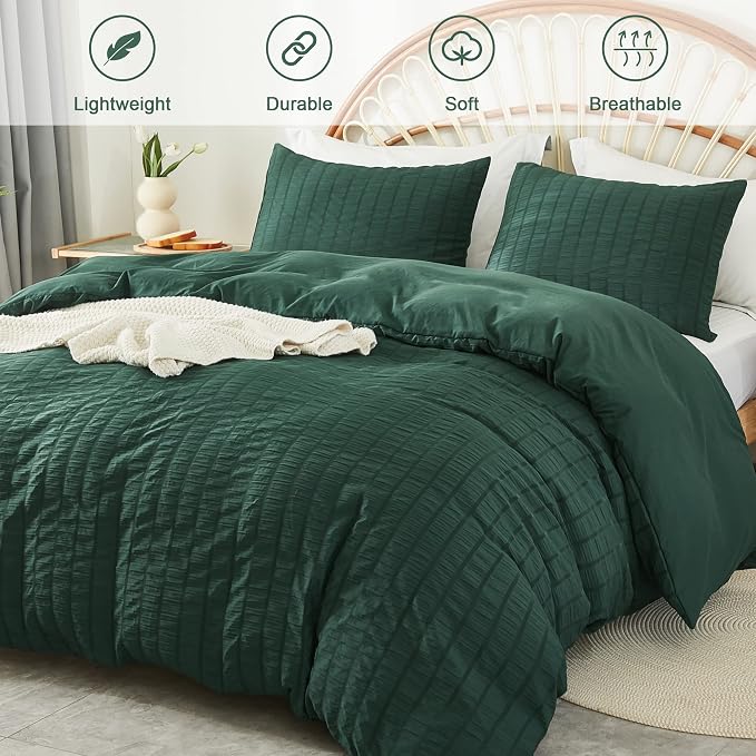 AveLom Dark Green Seersucker Duvet Cover Set Queen Size, 3 Pieces, Ultra Soft - Image 2