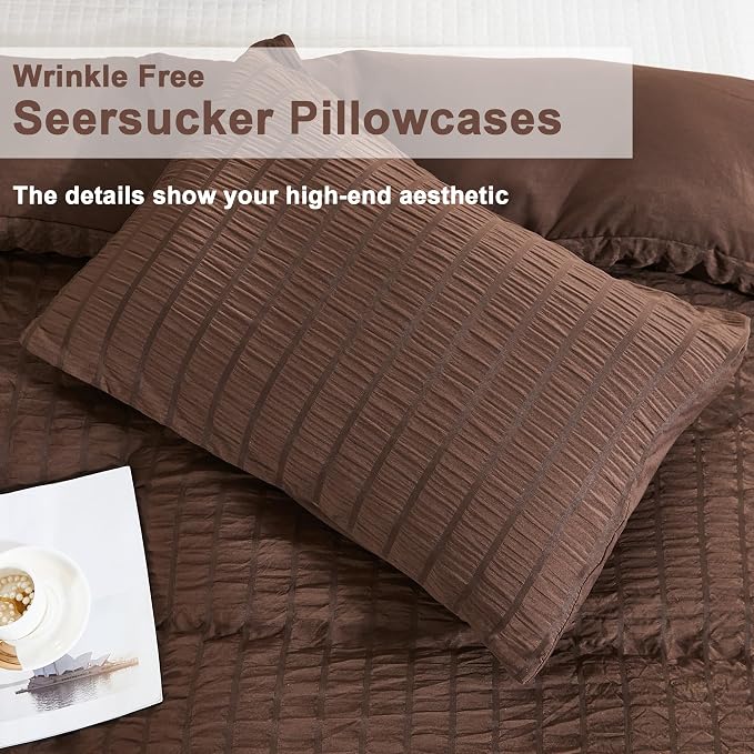 AveLom Brown Duvet Cover Full, 3 Pieces, Seersucker Tripe Soft Washed - Image 6