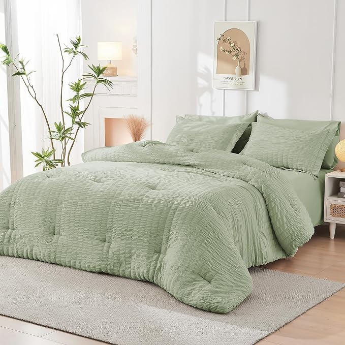 HYMOKEGE Light Green California King Comforter Set Seersucker 7 Pieces - Image 8