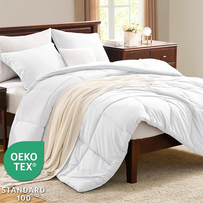 CozyLux Oversized King Comforter Set, 3 Pieces White 120x98 Box Stitched Design - Image 3