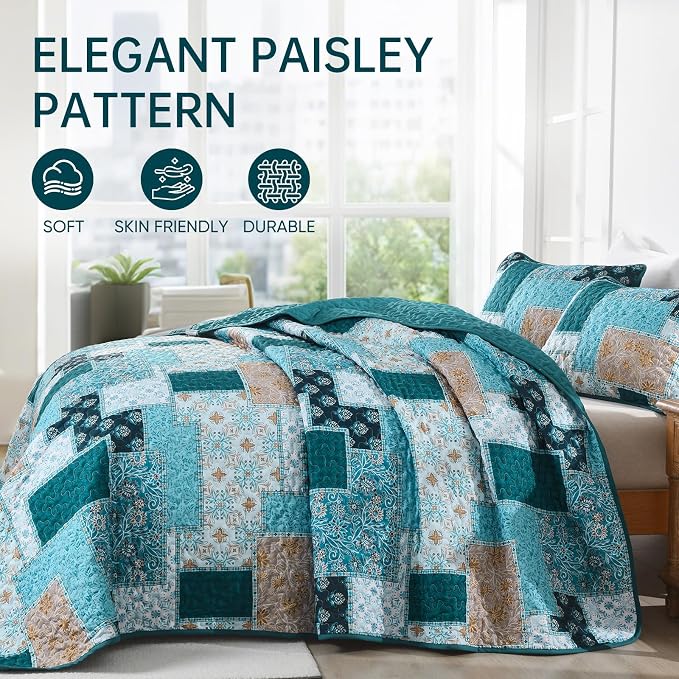 Xruibed Teal Quilt Set Queen Size 3 Pieces Plaid Floral Boho Bedspread Coverlet - Image 3