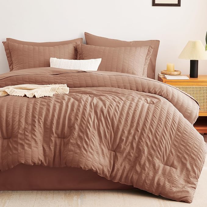 CozyLux Queen Comforter Set Mocha Mousse Seersucker 7 Pieces Bed in a Bag Queen - Image 9