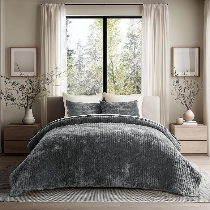 EVERGRACE Velvet Quilt Set Queen Size, Luxurious Soft Striped Channel Bedding by EverGrace