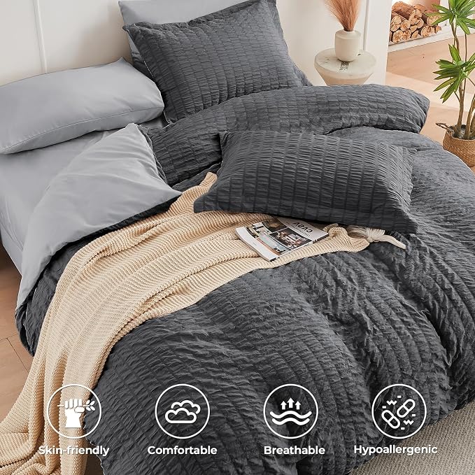 HYMOKEGE Dark Grey/Light Grey California King Comforter Set Seersucker 7 Pieces - Image 3