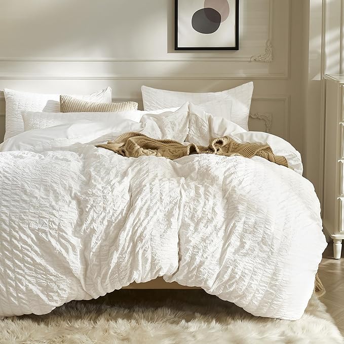 JELLYMONI White Duvet Cover Oversized Queen Size, Soft Breathable Seersucker by JELLYMONI