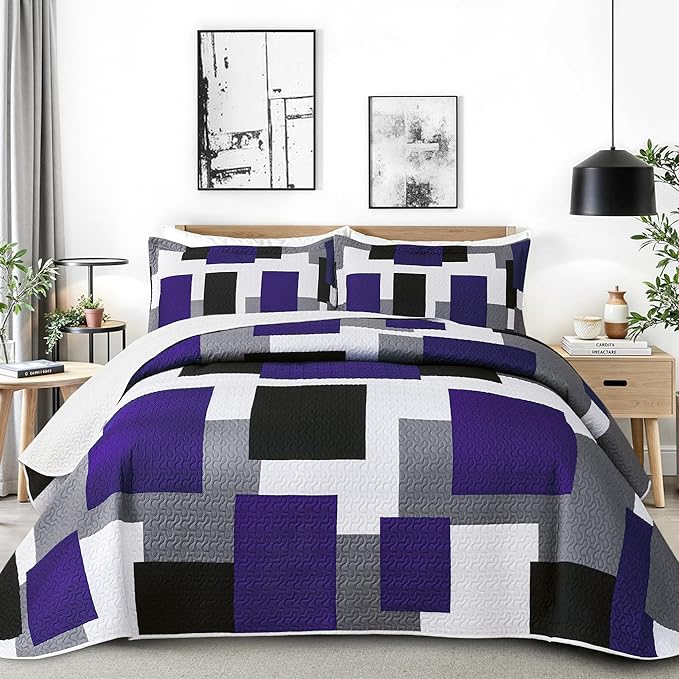 Tyrot 3 Piece Dark Purple Grey Quilt Set King Size Black White Geometric by TyrotHomeDecor