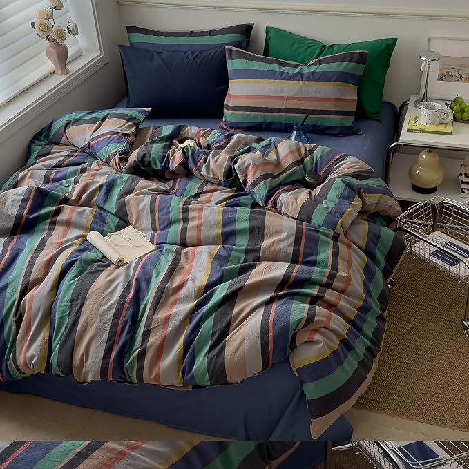 mixinni Blue Striped Duvet Cover Twin XL 100% Washed Cotton 3 Pcs Vintage - Image 9