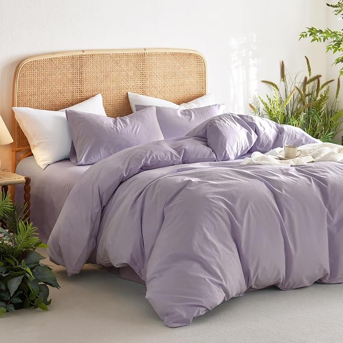 Wake In Cloud - Cotton Duvet Cover Set, Full Size, Light Purple, 100% Washed - Image 3