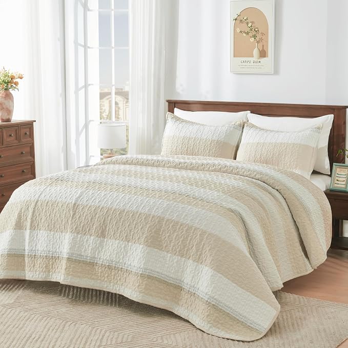 Andency California King Size Quilt Set Beige, 3 Pieces Beige Ultra Soft - Image 6