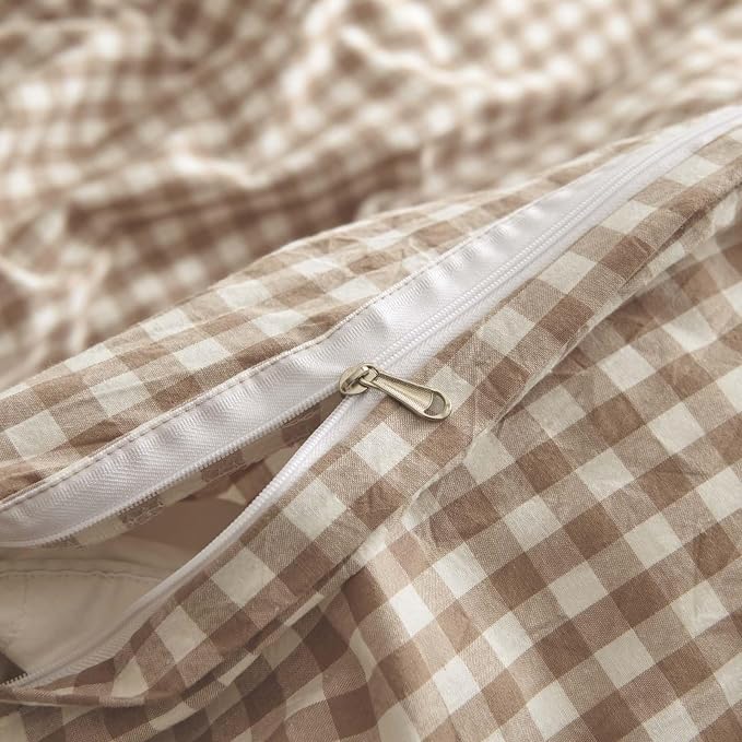 Nayoroom Gingham Duvet Cover Twin Size 100% Washed Cotton Brown Tan Plaid - Image 7