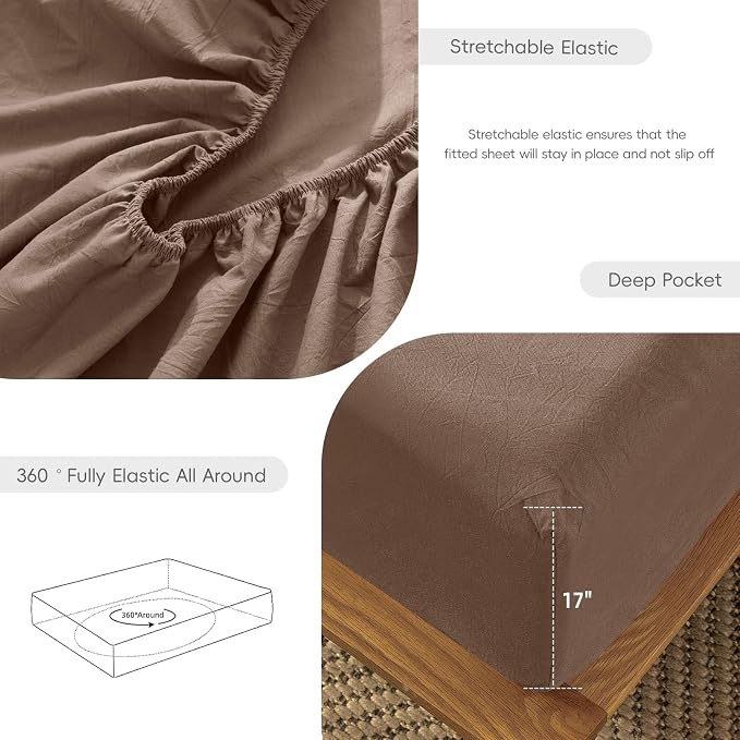 MooMee Fitted Bottom Sheet Only 100% Washed Cotton Linen Like Textured - Image 6