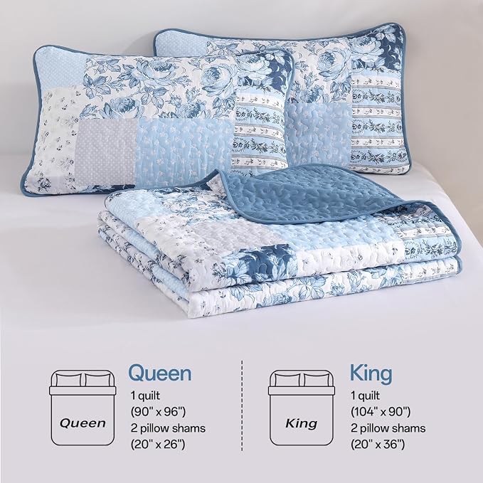 Anibedding Blue Patchwork Quilt Set King Size Boho Floral Plaid Bedspread - Image 7
