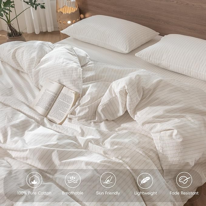 MooMee Striped Duvet Cover Set 100% Washed Cotton Linen Like Textured - Image 3