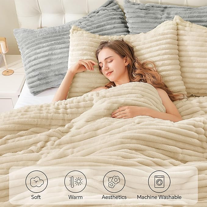 BEDELITE Fleece Queen Comforter Set -Super Soft & Warm Fluffy Beige Bedding - Image 3